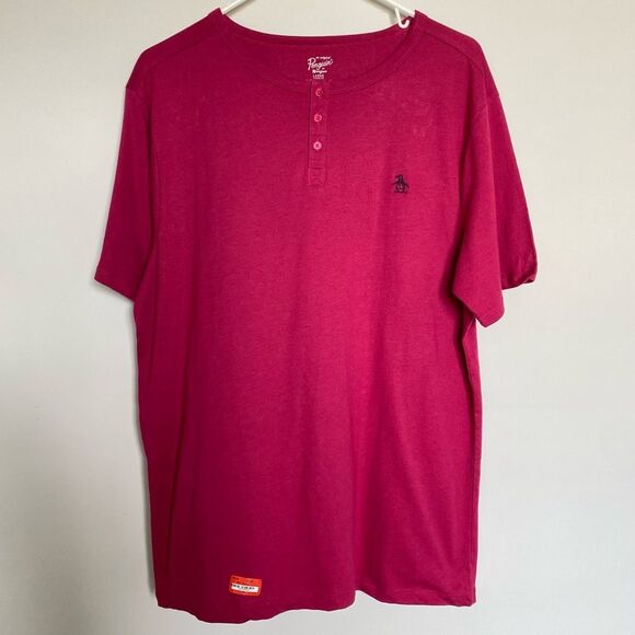 Original Penguin Pink Red 1/4 Button T-shirt Cotton Size Large - Picture 1 of 4